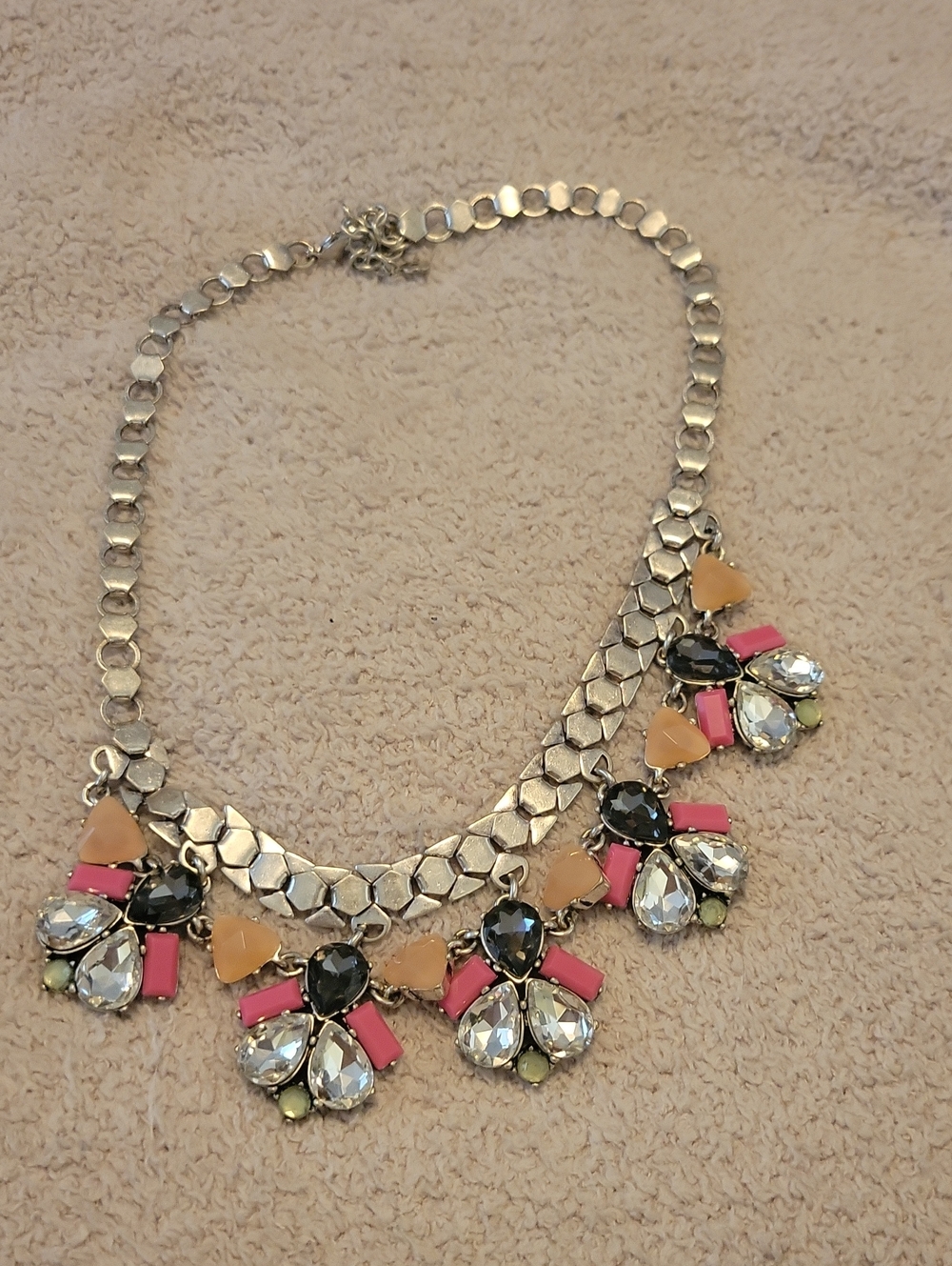 Stella & Dot Silver Necklace with Pink, Peach, Black & Clear Accents